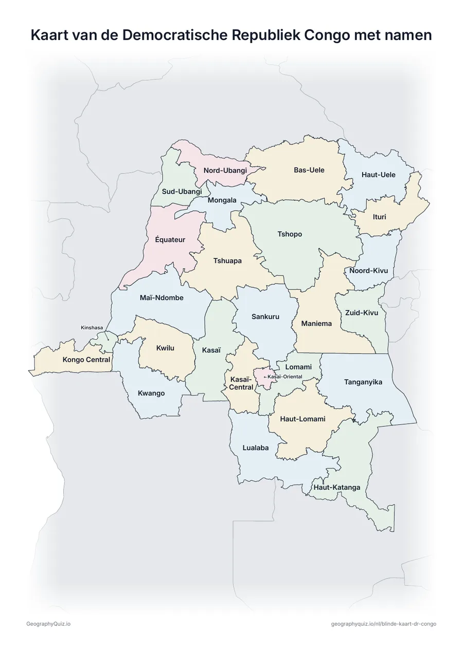 Voorbeeld van het werkblad “Kaart van de Democratische Republiek Congo met namen”: Kaart van de Democratische Republiek Congo met alle namen: een voorbeeldkaart voor de les en om de antwoorden na te kijken