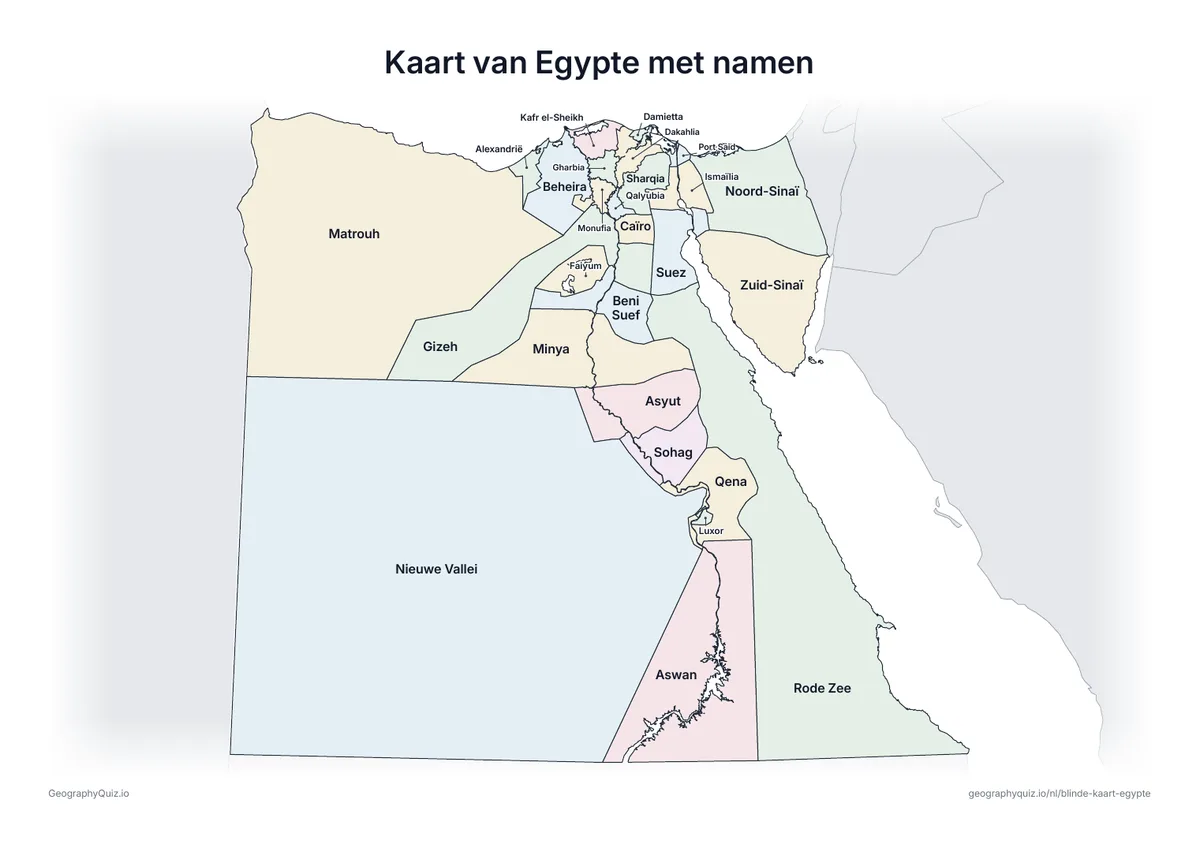 Voorbeeld van het werkblad “Kaart van Egypte met namen”: Kaart van Egypte met alle namen: een voorbeeldkaart voor de les en om de antwoorden na te kijken