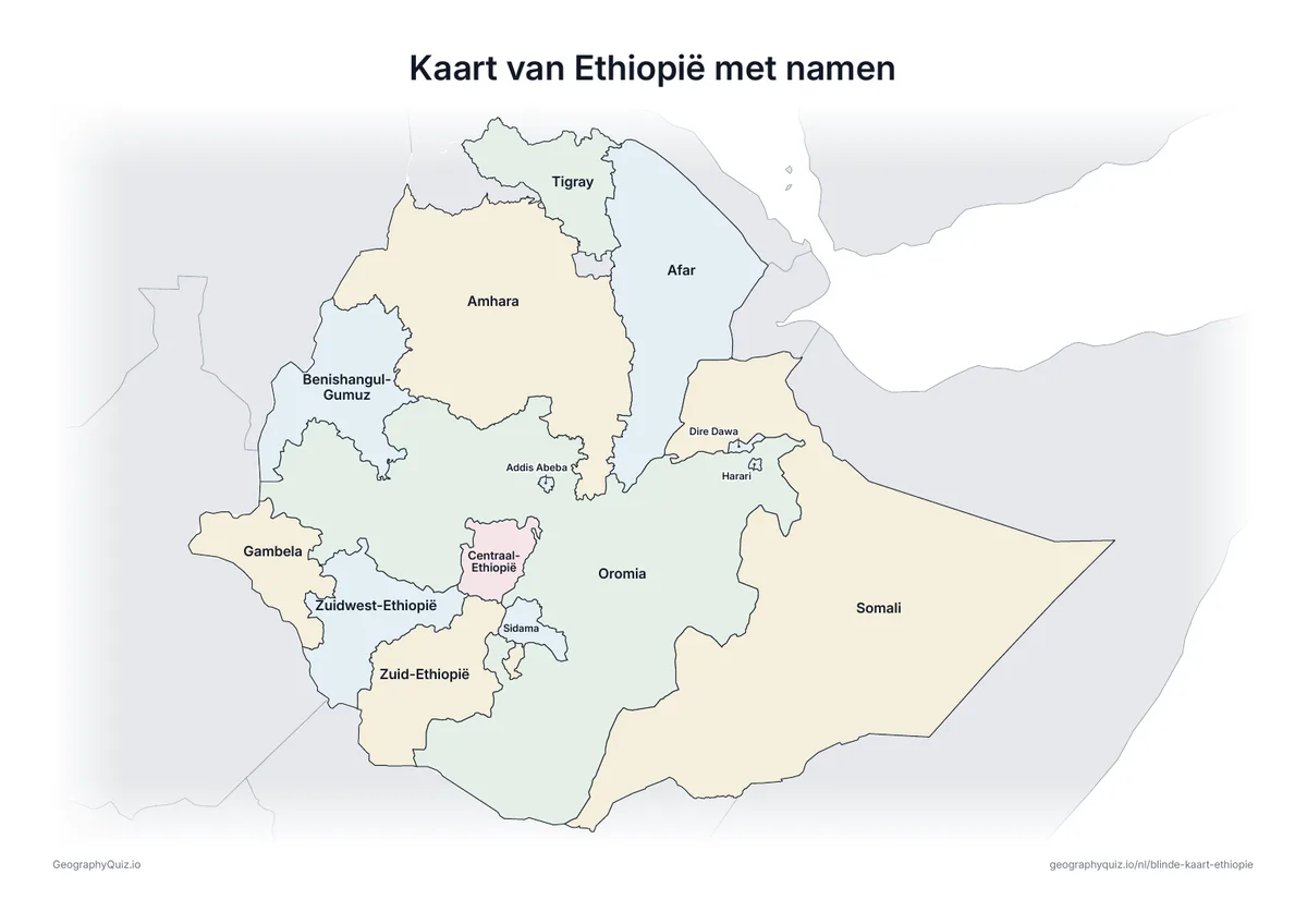 Voorbeeld van het werkblad “Kaart van Ethiopië met namen”: Kaart van Ethiopië met alle namen: een voorbeeldkaart voor de les en om de antwoorden na te kijken