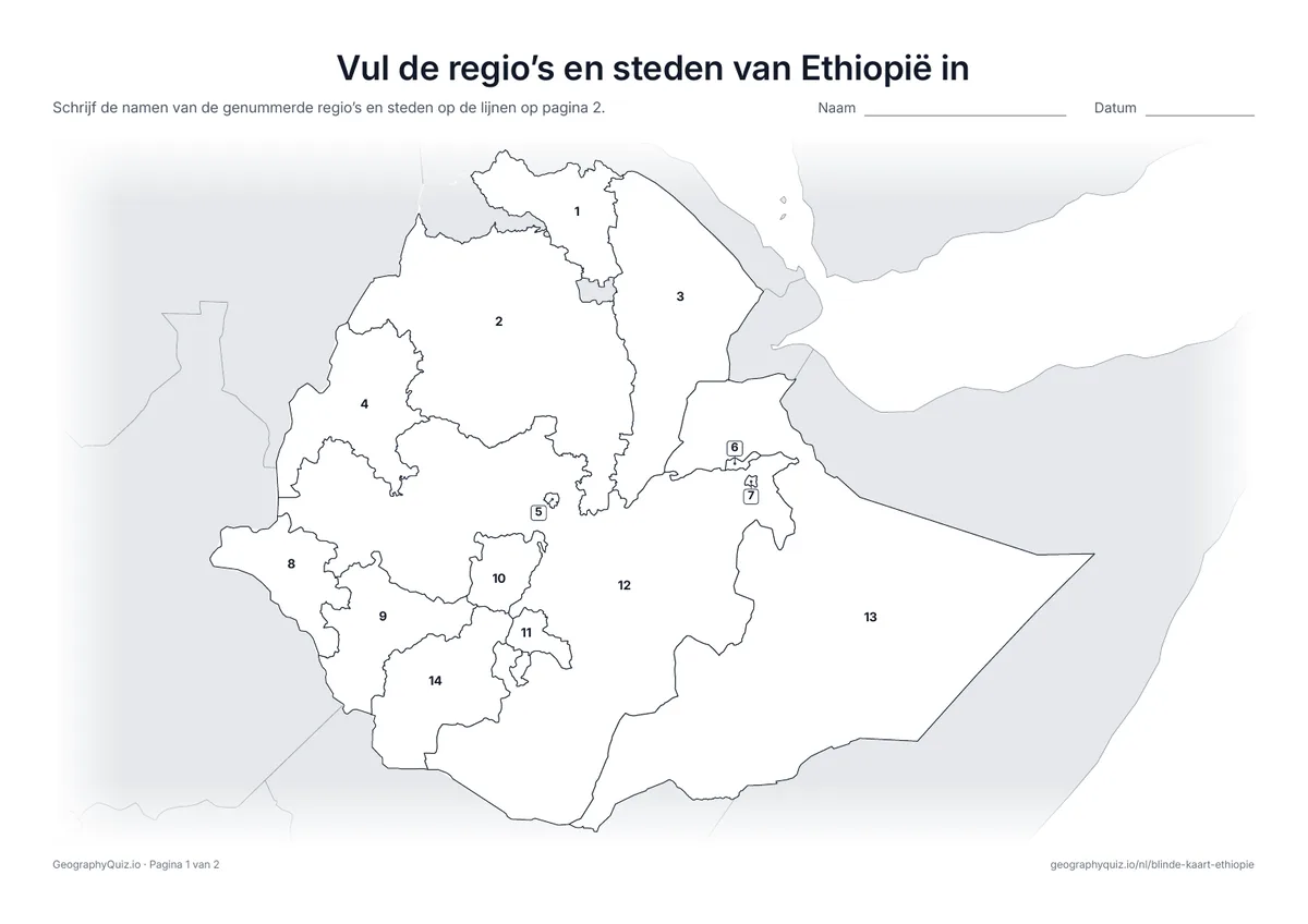 Voorbeeld van het werkblad “Vul de regio’s en steden van Ethiopië in”: Kaart met de nummers van de 12 regio’s en 2 steden met een eigen status