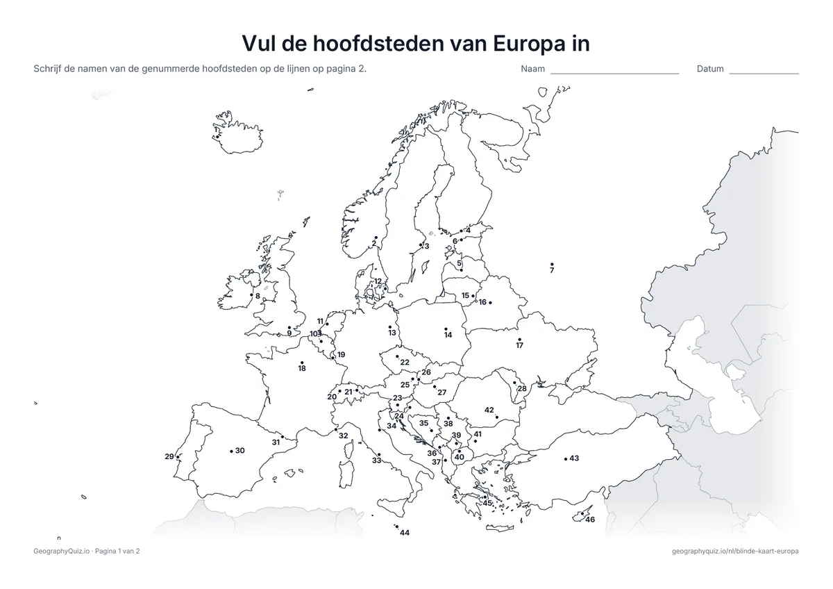 Voorbeeld van het werkblad “Vul de hoofdsteden van Europa in”: Elke hoofdstad is een genummerde stip