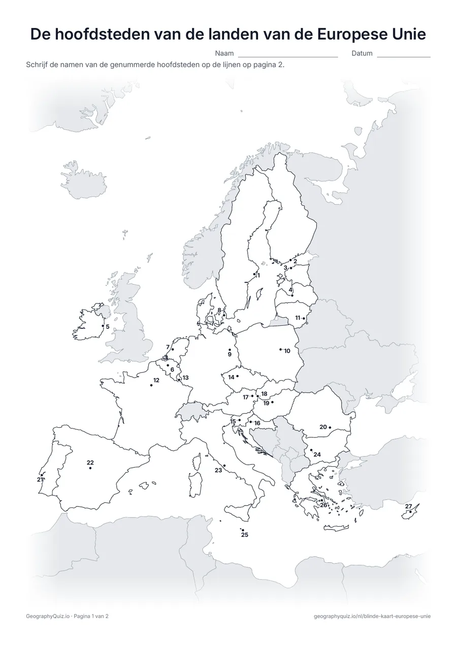 Voorbeeld van het werkblad “De hoofdsteden van de landen van de Europese Unie”: Elke hoofdstad is een genummerde stip