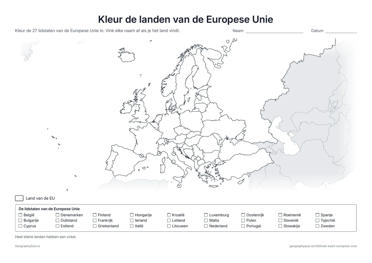 Voorbeeld van het werkblad “Kleur de landen van de Europese Unie”: Blinde kaart van Europa met de lijst van de 27 EU-landen om af te vinken