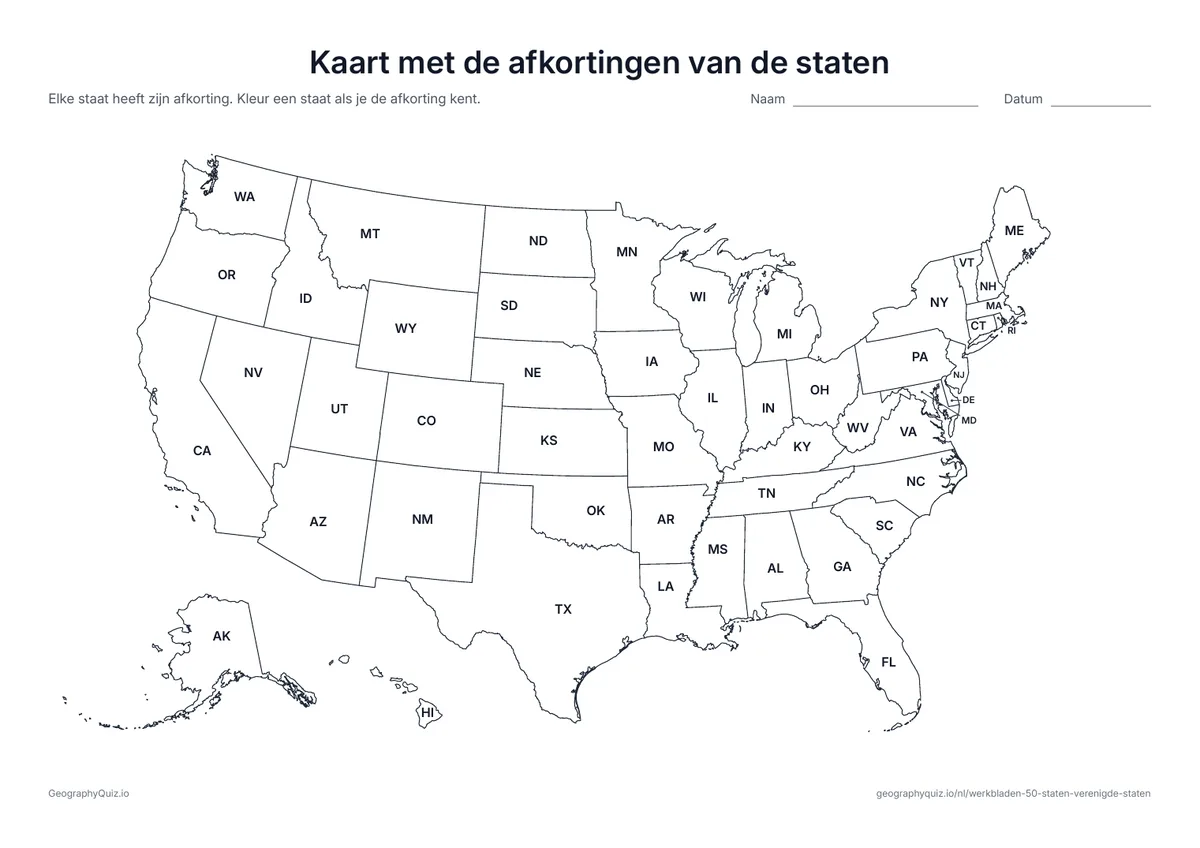 Voorbeeld van het werkblad “Kaart met de afkortingen van de staten”: Elke staat met zijn afkorting van twee letters, van AL tot WY