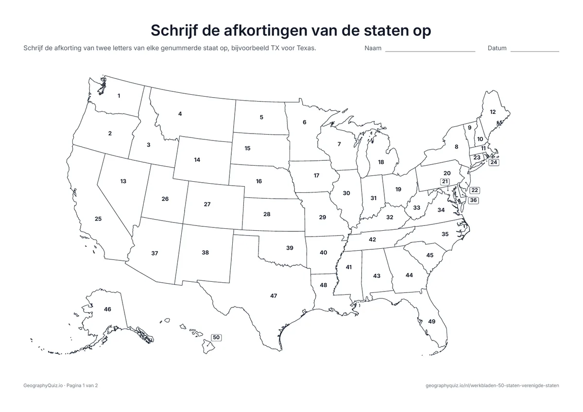 Voorbeeld van het werkblad “Schrijf de afkortingen van de staten op”: De staten zijn genummerd