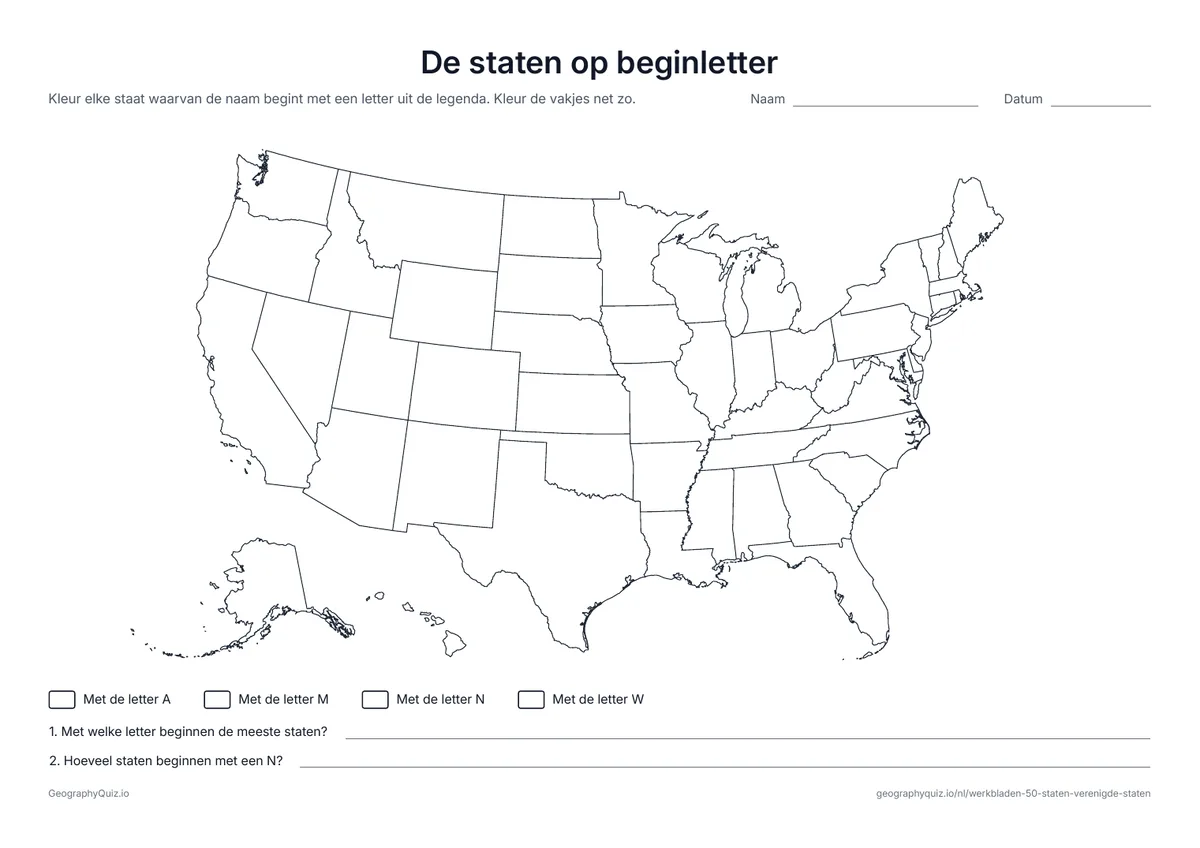 Voorbeeld van het werkblad “De staten op beginletter”: Alle staten die met A, M, N of W beginnen, kleur je volgens de legenda en tel je