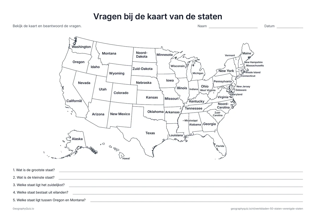 Voorbeeld van het werkblad “Vragen bij de kaart van de staten”: Kaart met namen en vijf vragen over de grootste, de kleinste en de verst weg gelegen staten