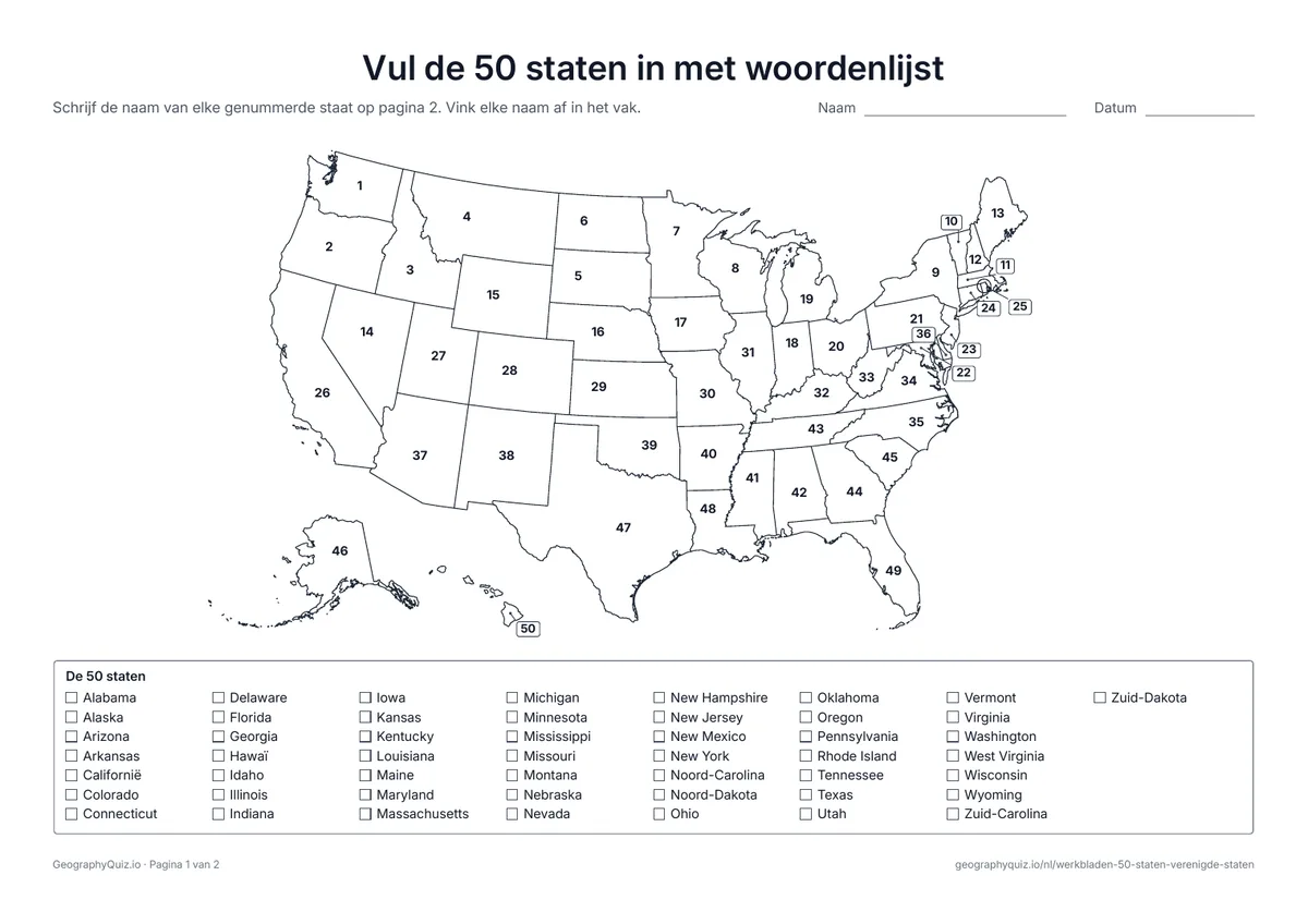 Voorbeeld van het werkblad “Vul de 50 staten in met woordenlijst”: Elke staat heeft een nummer