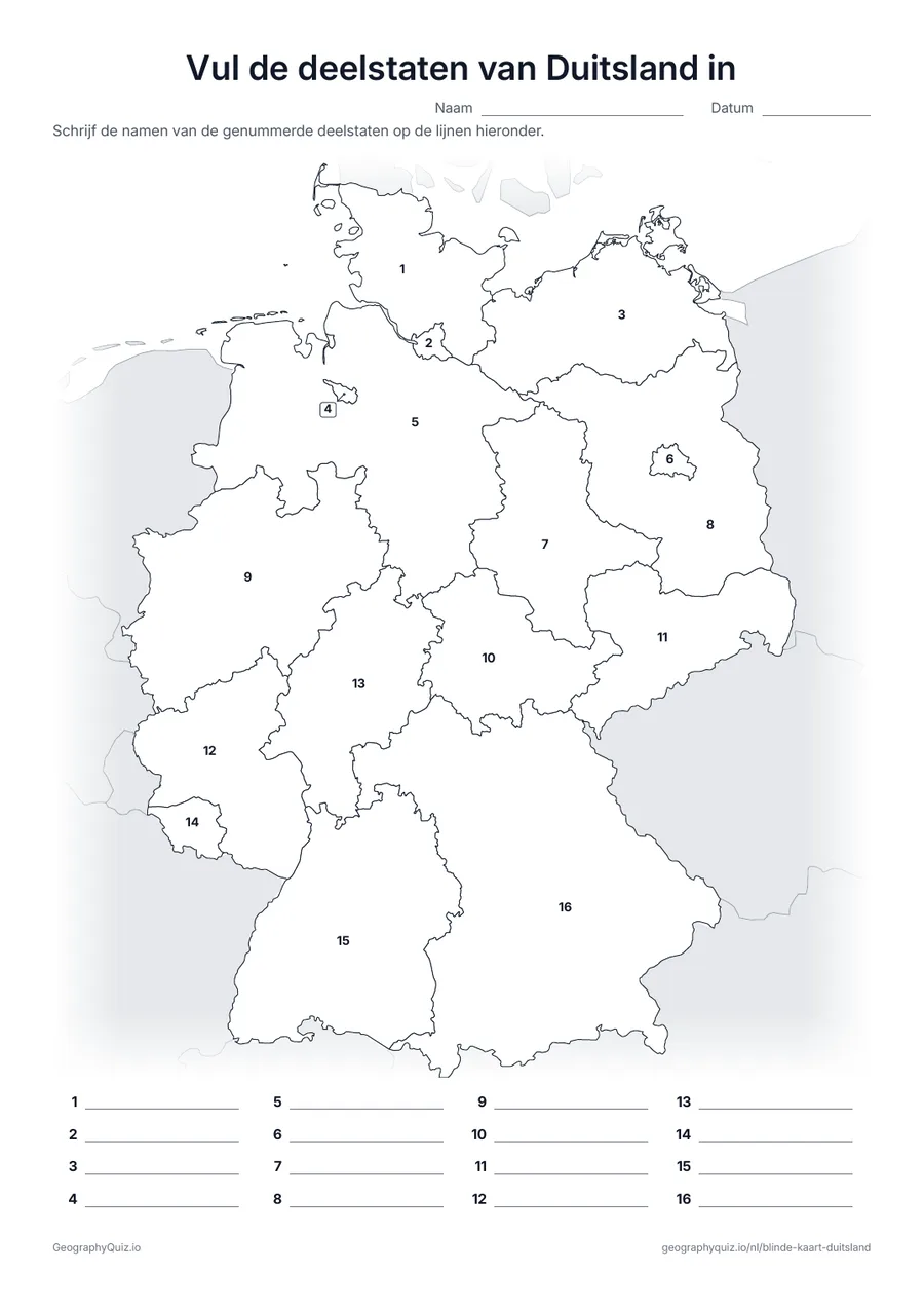 Voorbeeld van het werkblad “Vul de deelstaten van Duitsland in”: Kaart met de nummers van de 16 deelstaten (Bundesländer)