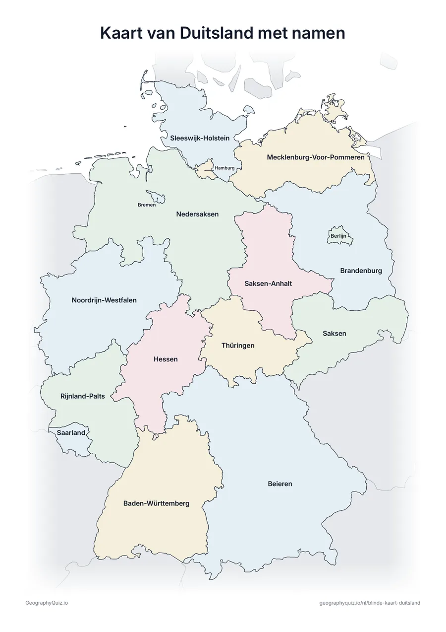 Voorbeeld van het werkblad “Kaart van Duitsland met namen”: Kaart van Duitsland met alle namen: een voorbeeldkaart voor de les en om de antwoorden na te kijken