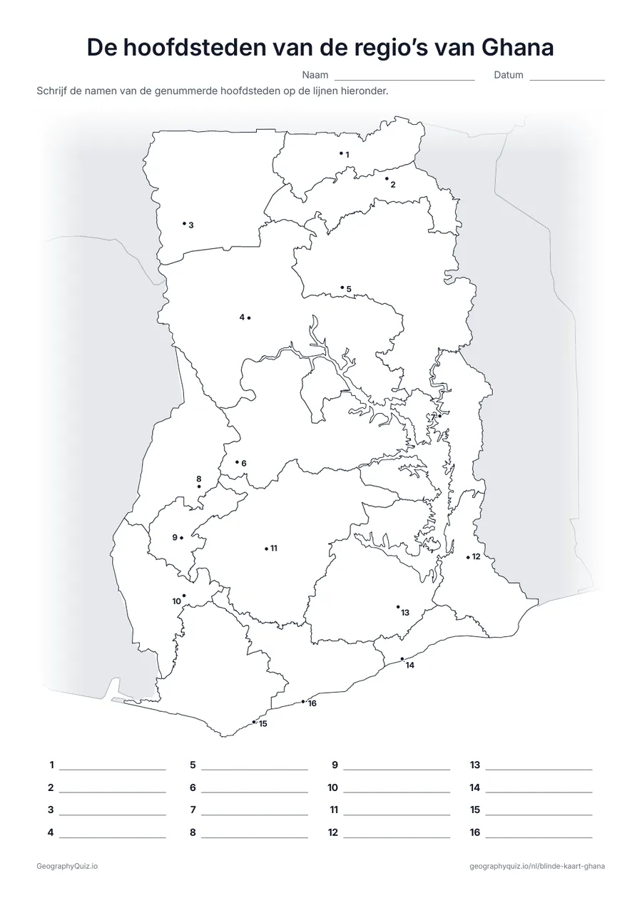 Voorbeeld van het werkblad “De hoofdsteden van de regio’s van Ghana”: Elke hoofdstad is een genummerde stip