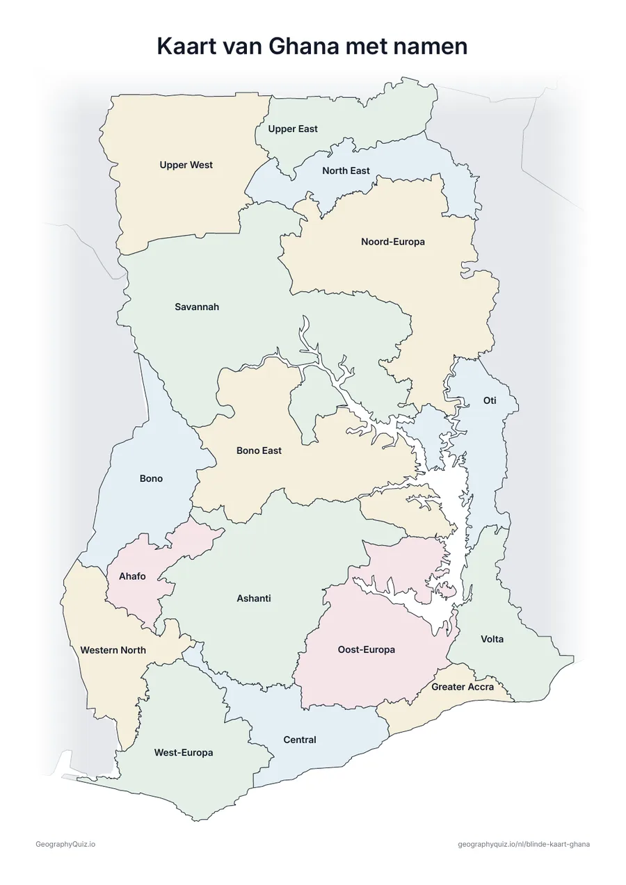 Voorbeeld van het werkblad “Kaart van Ghana met namen”: Kaart van Ghana met alle namen: een voorbeeldkaart voor de les en om de antwoorden na te kijken