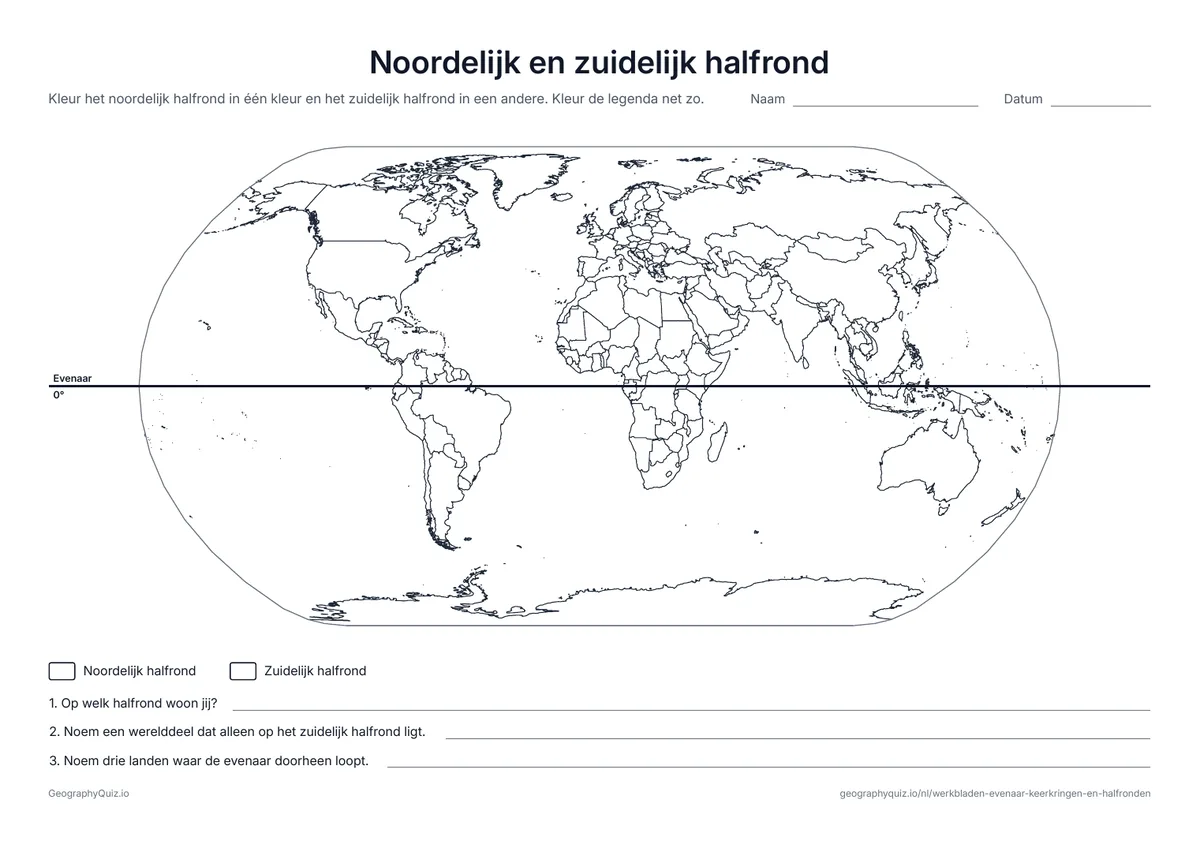Voorbeeld van het werkblad “Noordelijk en zuidelijk halfrond”: Wereldkaart met de evenaar al getekend