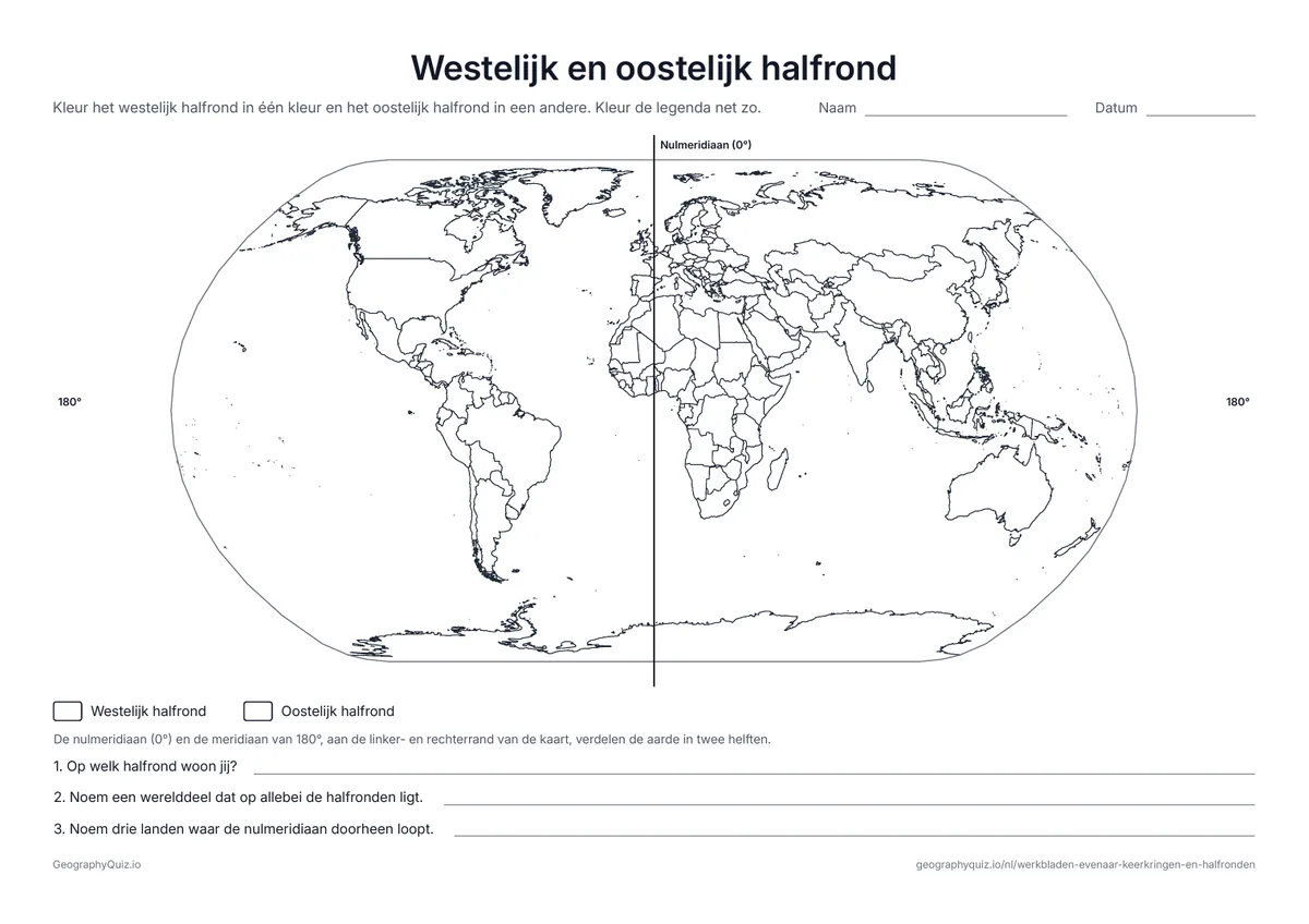 Voorbeeld van het werkblad “Westelijk en oostelijk halfrond”: Wereldkaart met de nulmeridiaan al getekend