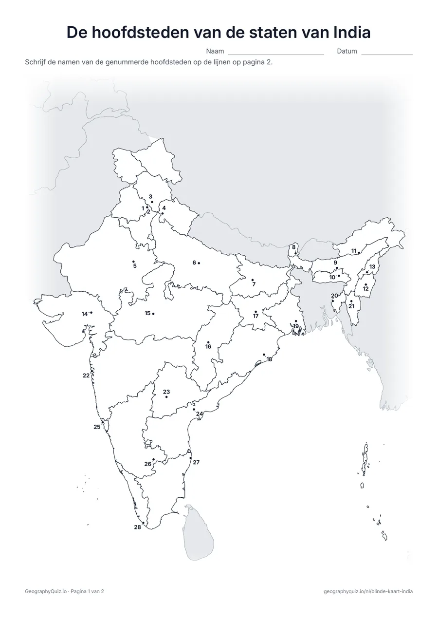 Voorbeeld van het werkblad “De hoofdsteden van de staten van India”: De hoofdstad van elk van de 28 staten is een genummerde stip