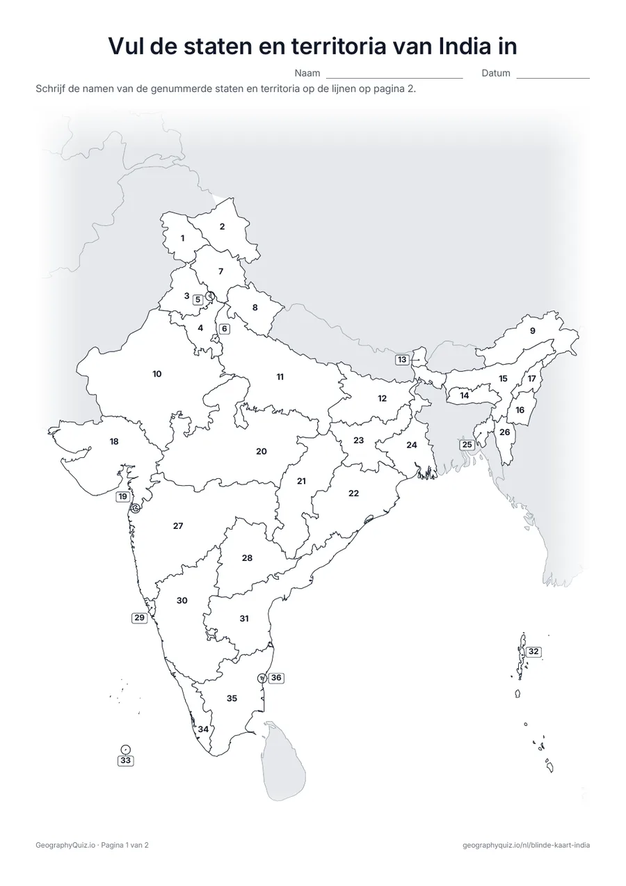 Voorbeeld van het werkblad “Vul de staten en territoria van India in”: Kaart met de nummers van de 28 staten en 8 unieterritoria