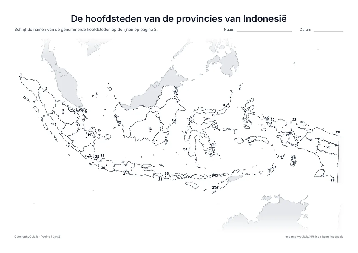 Voorbeeld van het werkblad “De hoofdsteden van de provincies van Indonesië”: Elke hoofdstad is een genummerde stip
