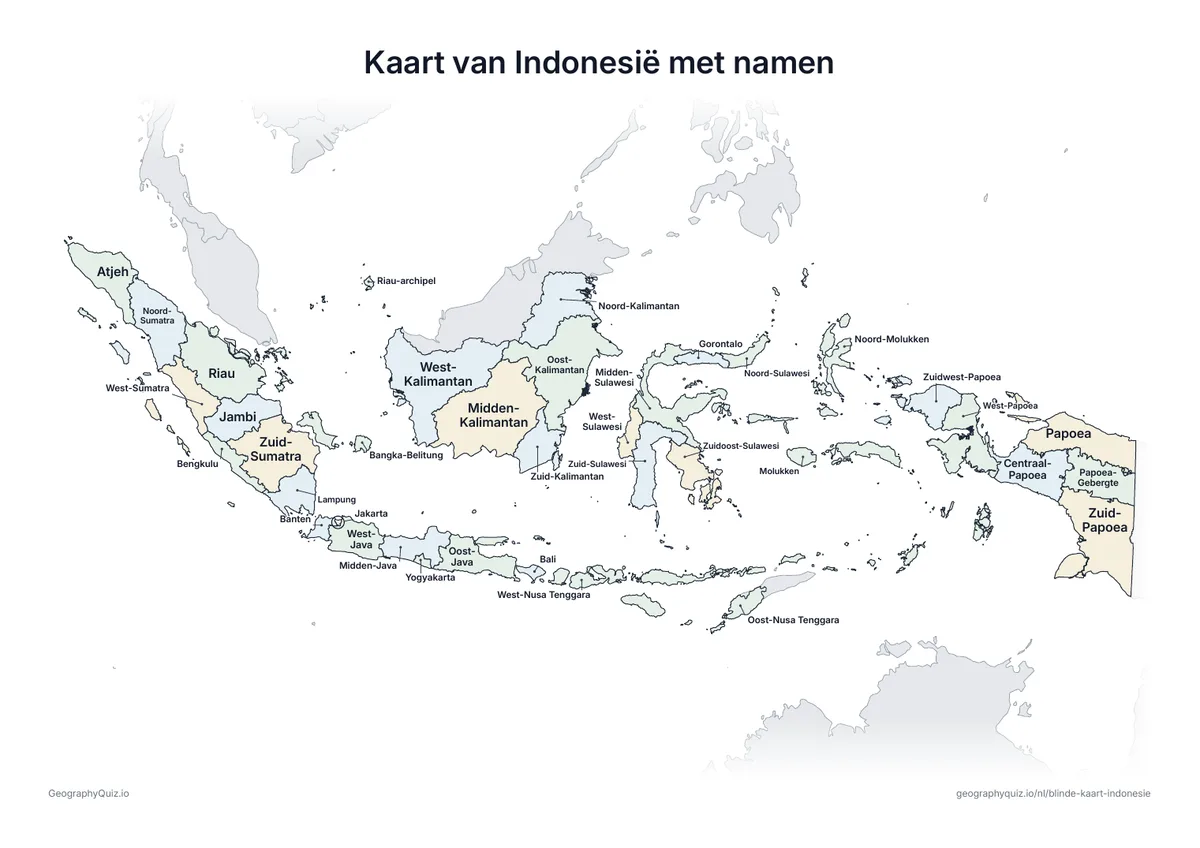 Voorbeeld van het werkblad “Kaart van Indonesië met namen”: Kaart van Indonesië met alle namen: een voorbeeldkaart voor de les en om de antwoorden na te kijken