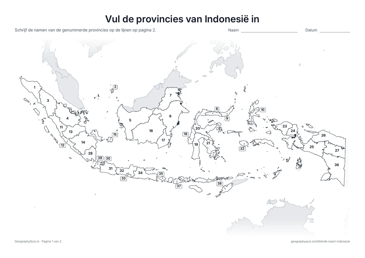Voorbeeld van het werkblad “Vul de provincies van Indonesië in”: Kaart met de nummers van de 38 provincies