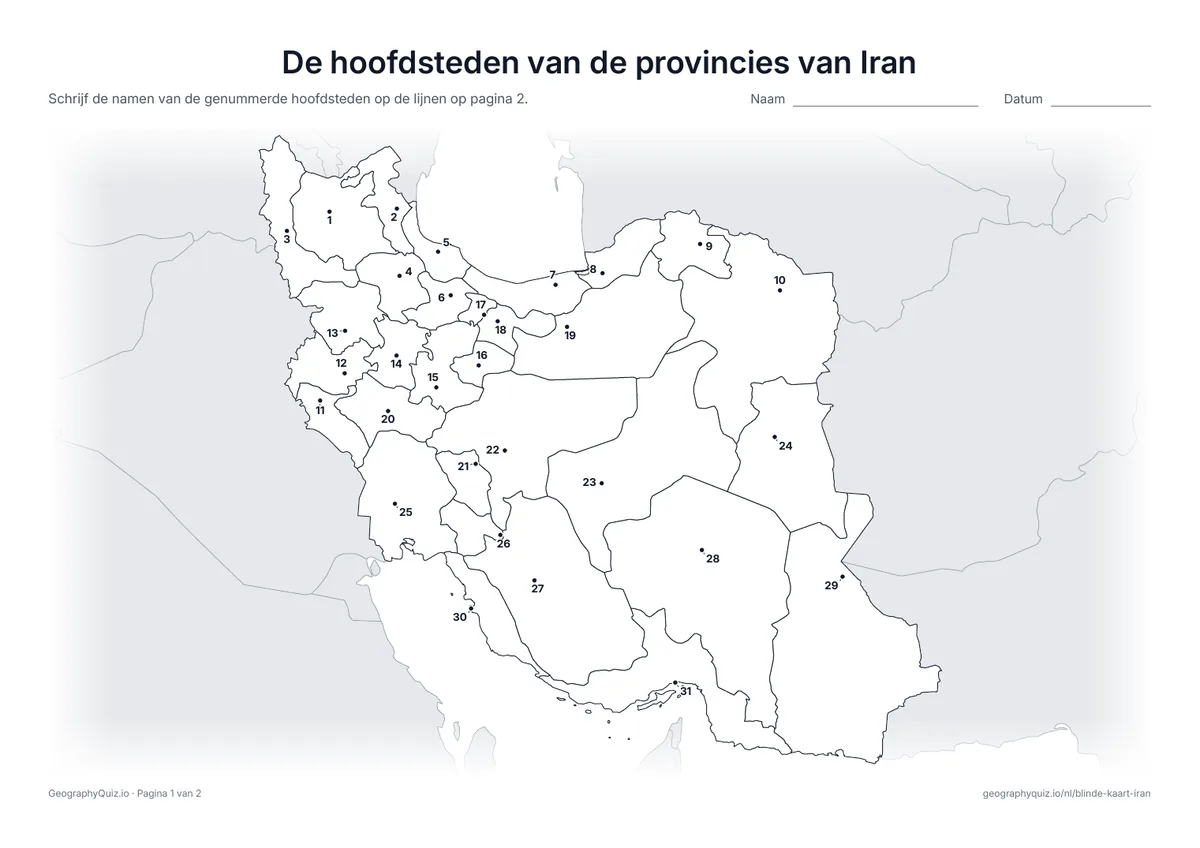 Voorbeeld van het werkblad “De hoofdsteden van de provincies van Iran”: Elke hoofdstad is een genummerde stip