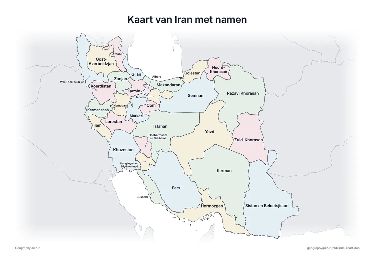 Voorbeeld van het werkblad “Kaart van Iran met namen”: Kaart van Iran met alle namen: een voorbeeldkaart voor de les en om de antwoorden na te kijken