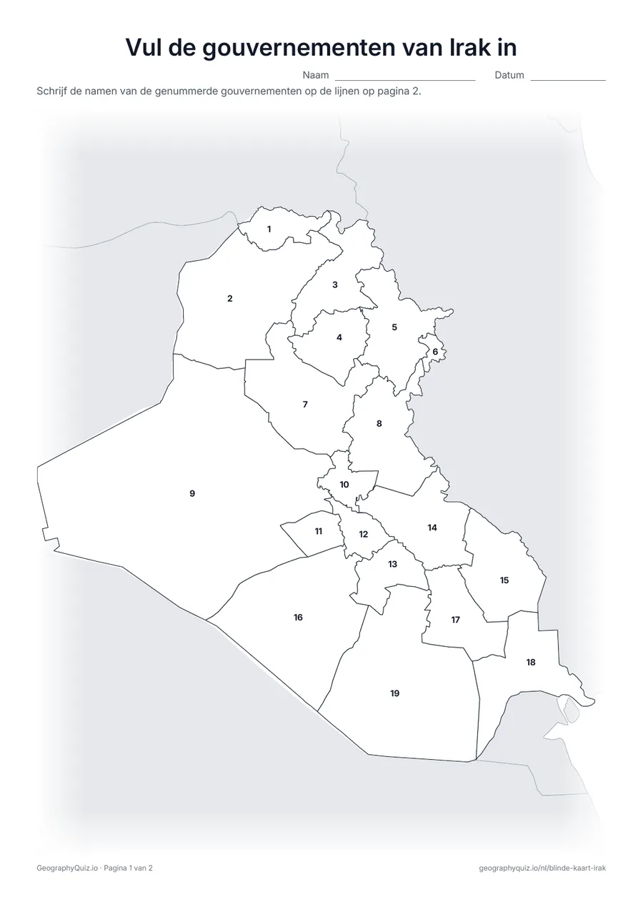 Voorbeeld van het werkblad “Vul de gouvernementen van Irak in”: Kaart met de nummers van de 19 gouvernementen