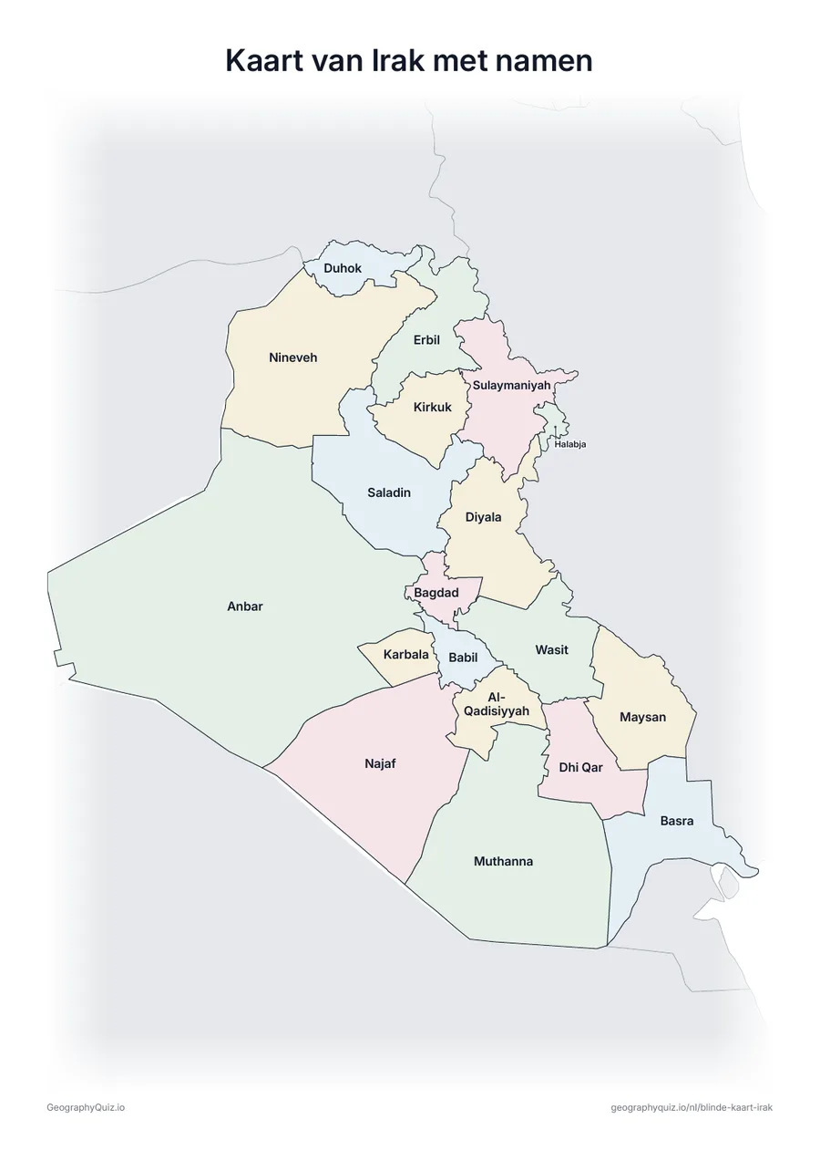 Voorbeeld van het werkblad “Kaart van Irak met namen”: Kaart van Irak met alle namen: een voorbeeldkaart voor de les en om de antwoorden na te kijken