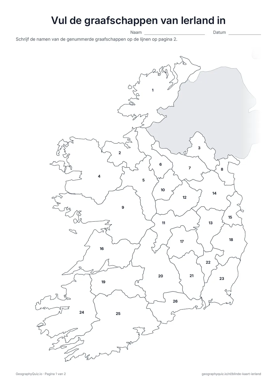 Voorbeeld van het werkblad “Vul de graafschappen van Ierland in”: Kaart met de nummers van de 26 graafschappen