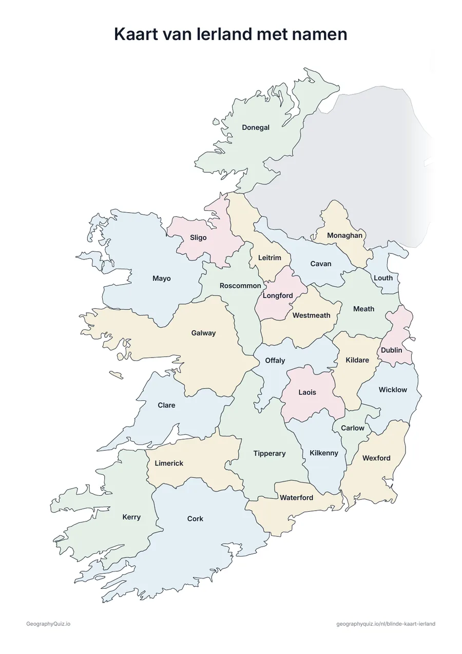 Voorbeeld van het werkblad “Kaart van Ierland met namen”: Kaart van Ierland met alle namen: een voorbeeldkaart voor de les en om de antwoorden na te kijken