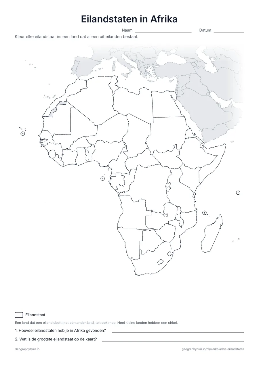 Voorbeeld van het werkblad “Eilandstaten in Afrika”: Blinde kaart van Afrika; de eilandstaten in de Atlantische en de Indische Oceaan hebben een cirkel