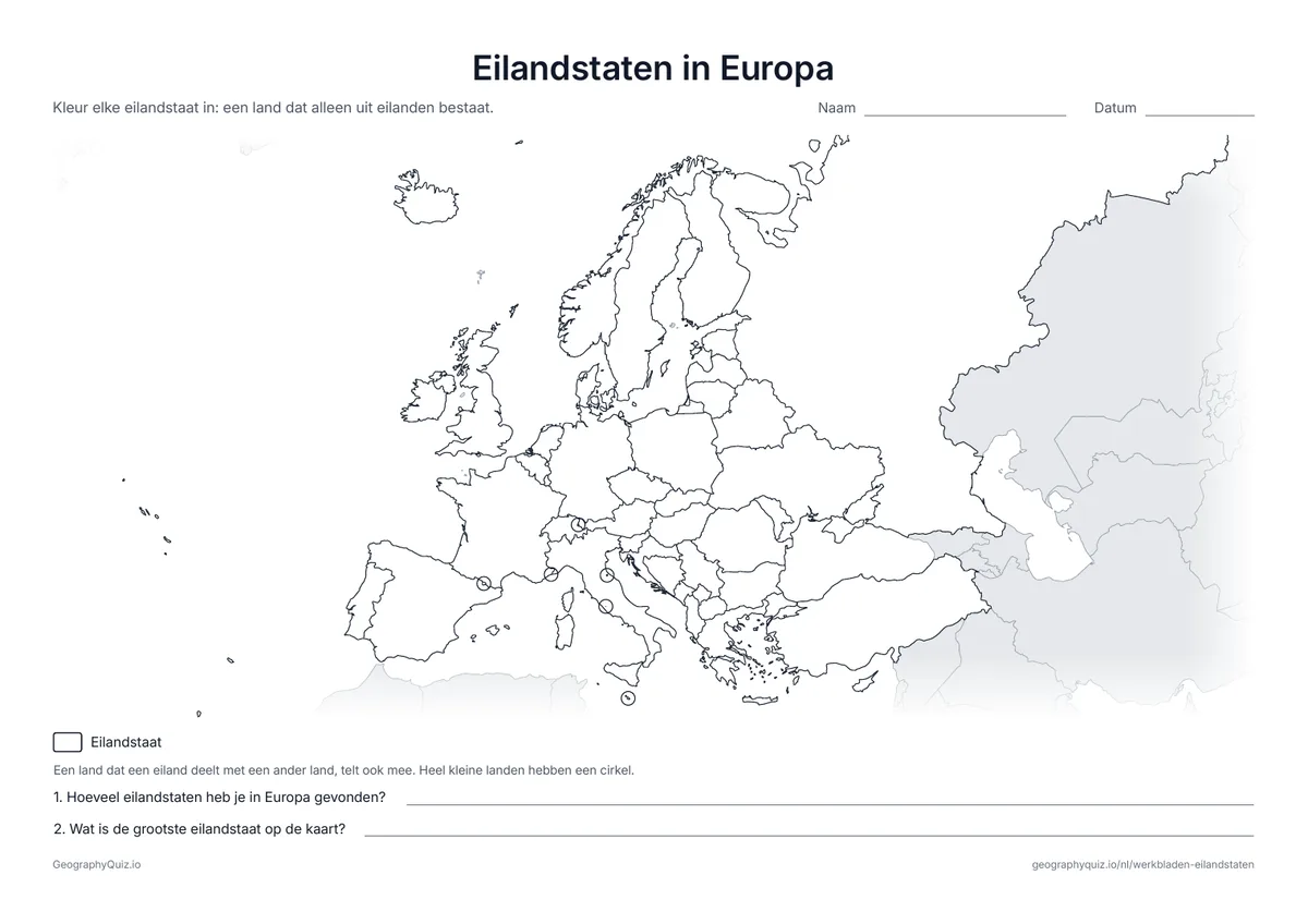 Voorbeeld van het werkblad “Eilandstaten in Europa”: Blinde kaart van Europa om de eilandstaten te kleuren, van IJsland tot Cyprus