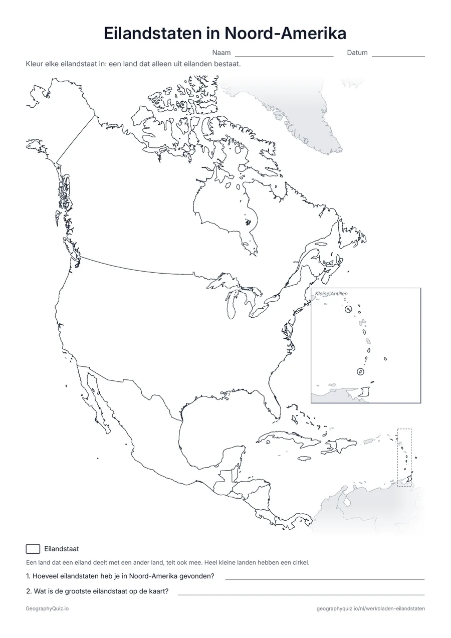Voorbeeld van het werkblad “Eilandstaten in Noord-Amerika”: Blinde kaart van Noord-Amerika; de eilandstaten in het Caribisch gebied staan vergroot in een kader