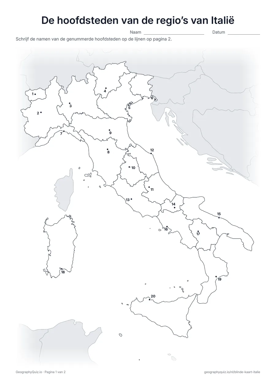 Voorbeeld van het werkblad “De hoofdsteden van de regio’s van Italië”: De hoofdstad van elke regio is een genummerde stip, van Aosta tot Palermo