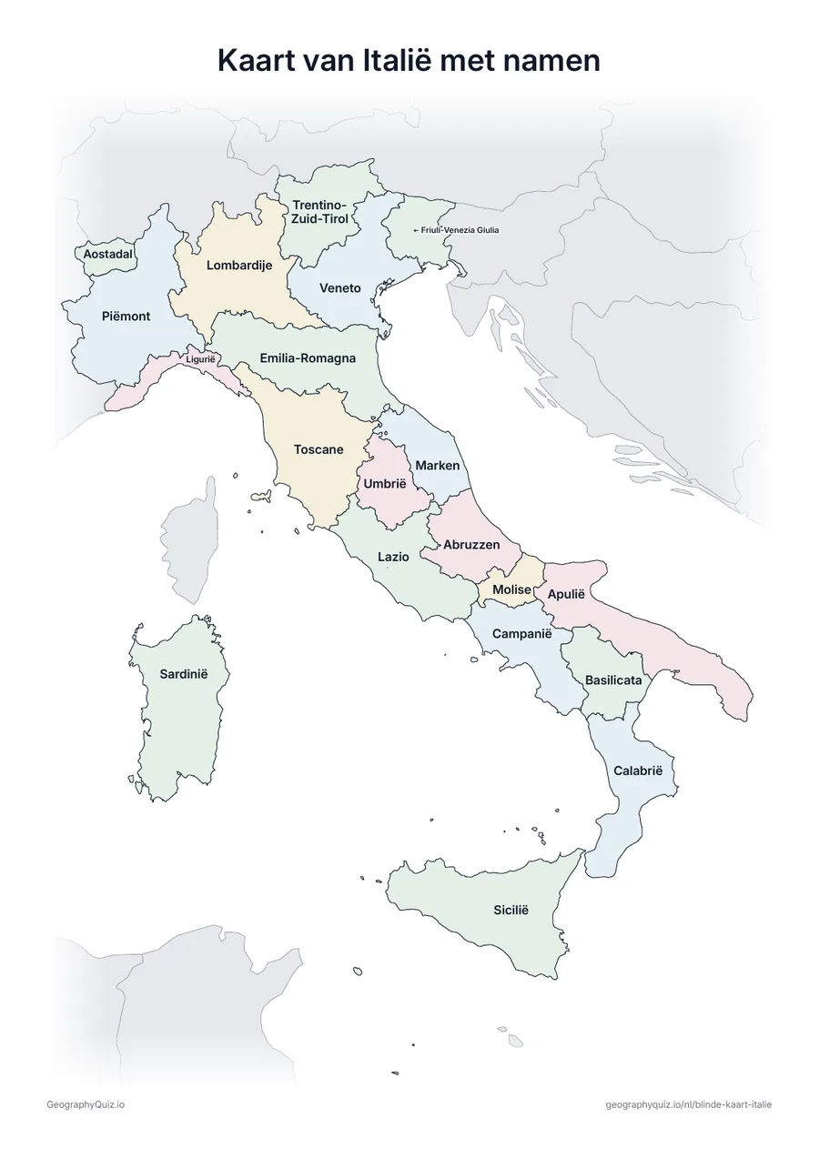 Voorbeeld van het werkblad “Kaart van Italië met namen”: Kaart van Italië met alle namen: een voorbeeldkaart voor de les en om de antwoorden na te kijken