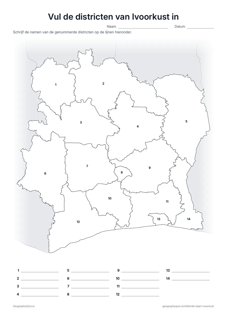 Voorbeeld van het werkblad “Vul de districten van Ivoorkust in”: Kaart met de nummers van de 12 districten en 2 autonome districten