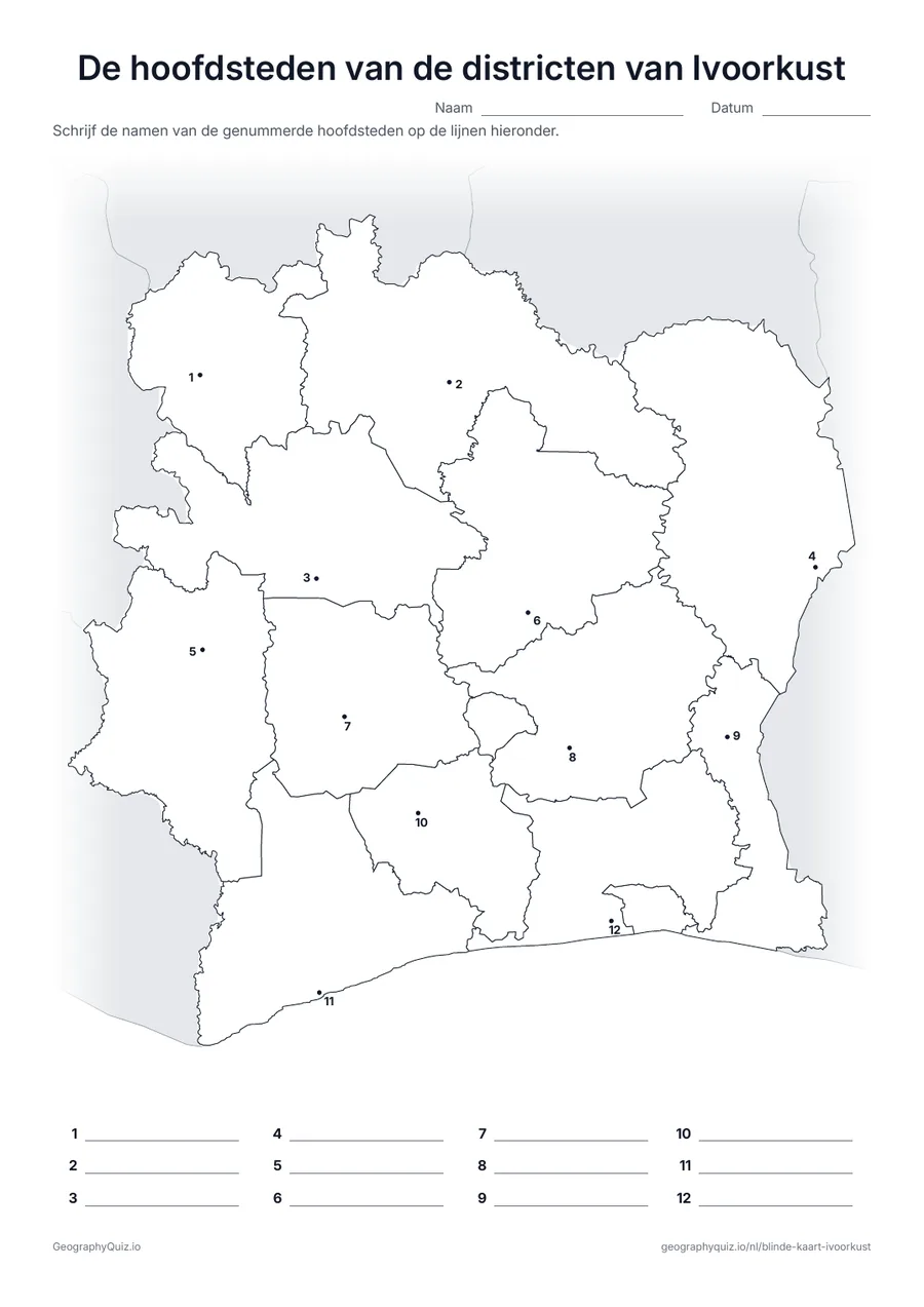 Voorbeeld van het werkblad “De hoofdsteden van de districten van Ivoorkust”: De hoofdstad van elk van de 12 districten is een genummerde stip