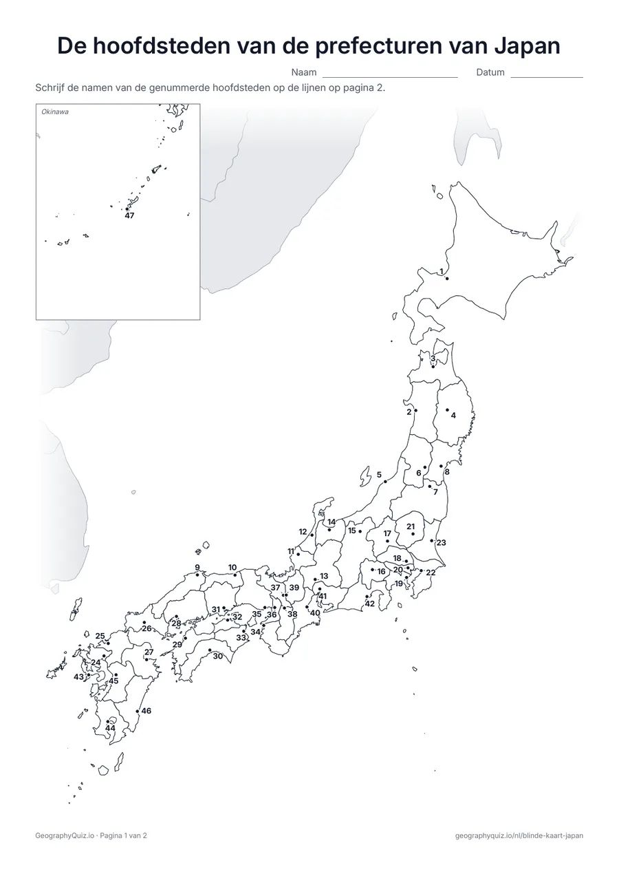 Voorbeeld van het werkblad “De hoofdsteden van de prefecturen van Japan”: Elke hoofdstad is een genummerde stip