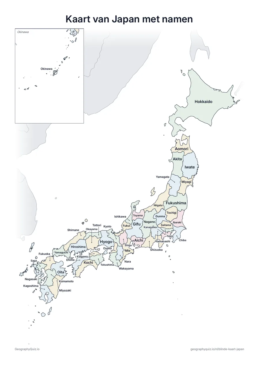 Voorbeeld van het werkblad “Kaart van Japan met namen”: Kaart van Japan met alle namen: een voorbeeldkaart voor de les en om de antwoorden na te kijken