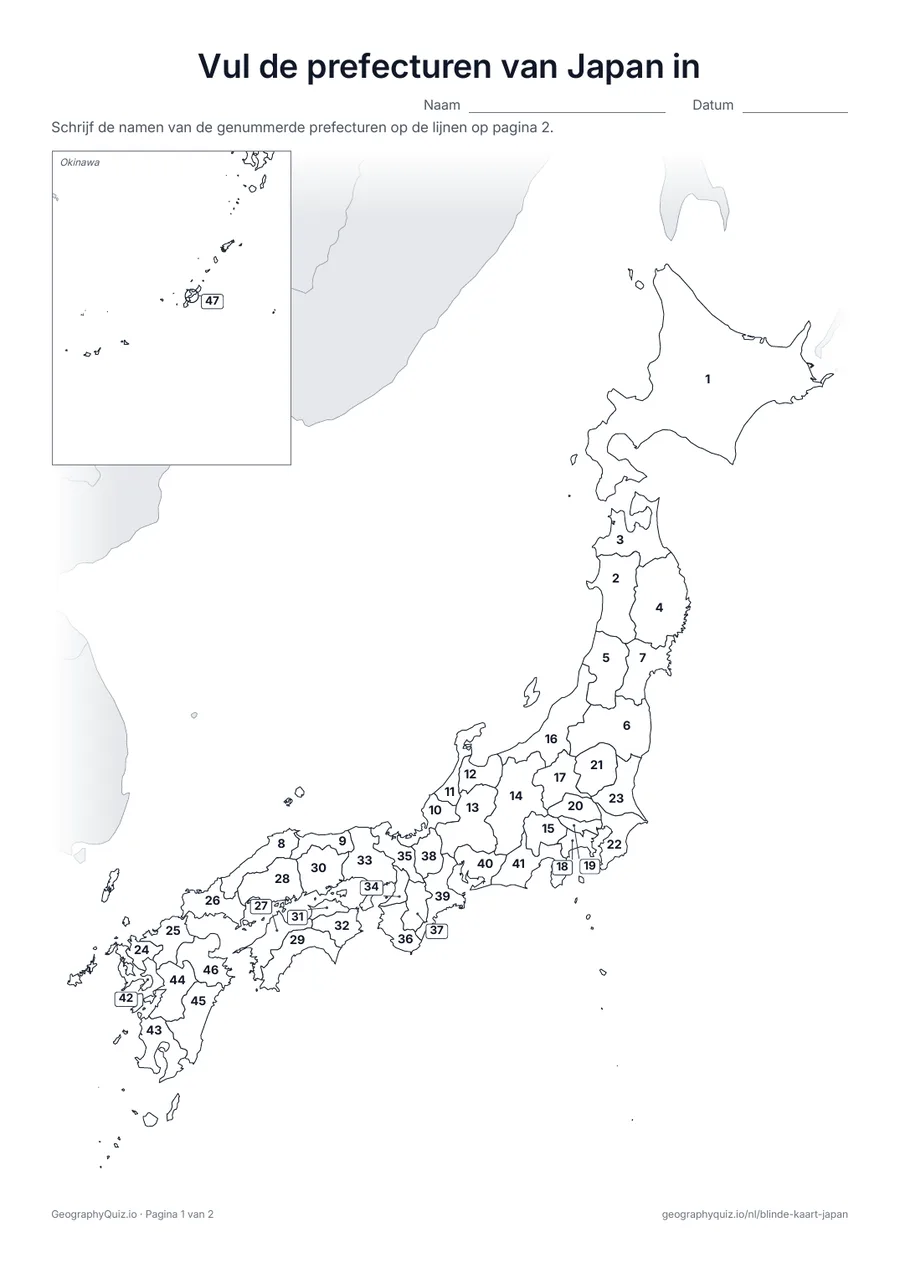 Voorbeeld van het werkblad “Vul de prefecturen van Japan in”: Kaart met de nummers van de 47 prefecturen