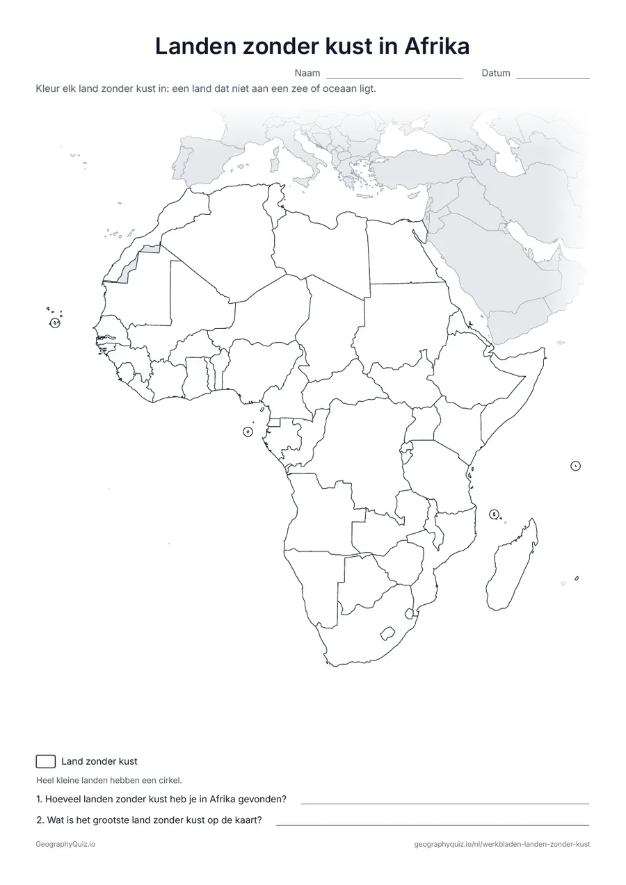 Voorbeeld van het werkblad “Landen zonder kust in Afrika”: Blinde kaart van Afrika, het werelddeel met de meeste landen zonder kust
