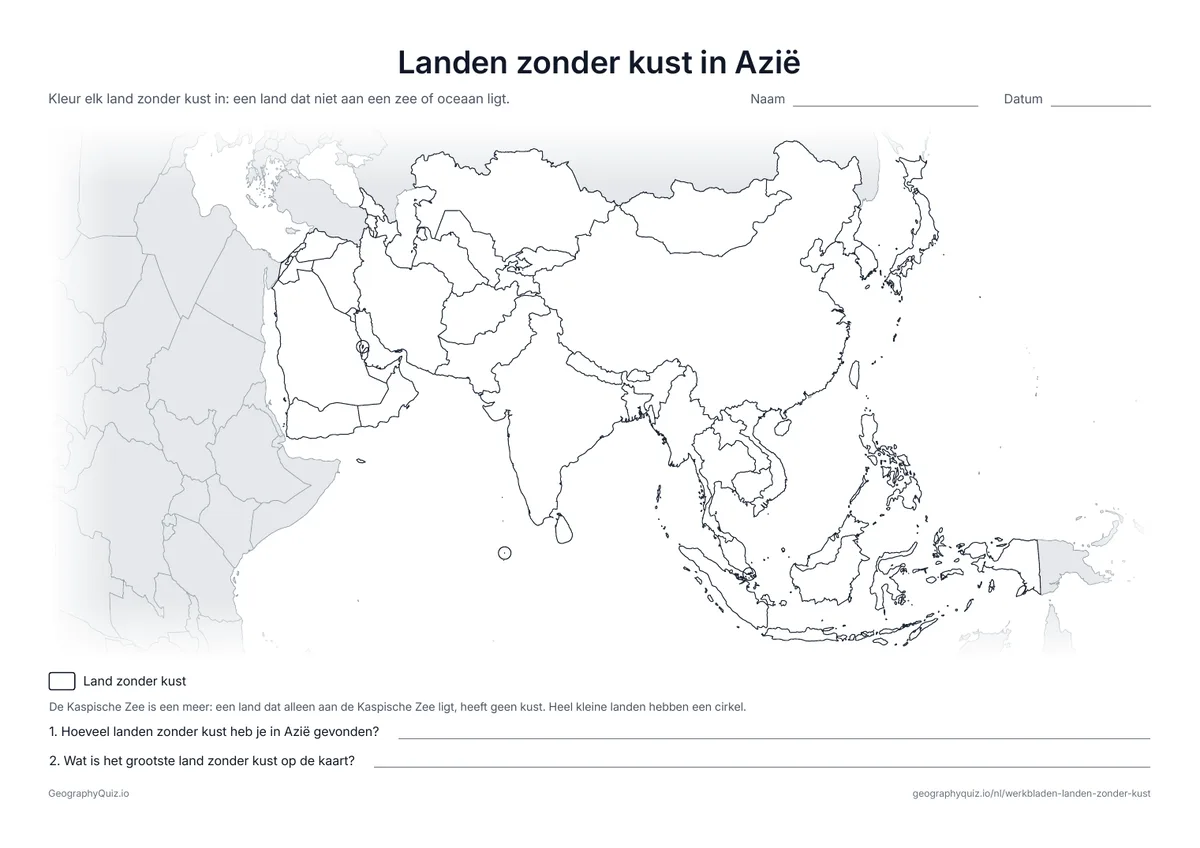 Voorbeeld van het werkblad “Landen zonder kust in Azië”: Blinde kaart van Azië om de landen zonder kust te kleuren, van Centraal-Azië tot Laos