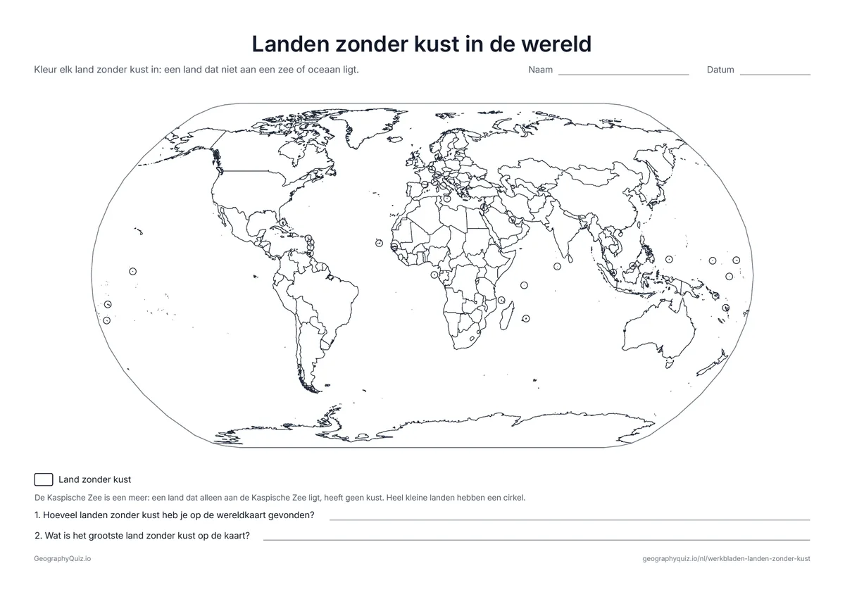 Voorbeeld van het werkblad: blinde kaart – Landen zonder kust