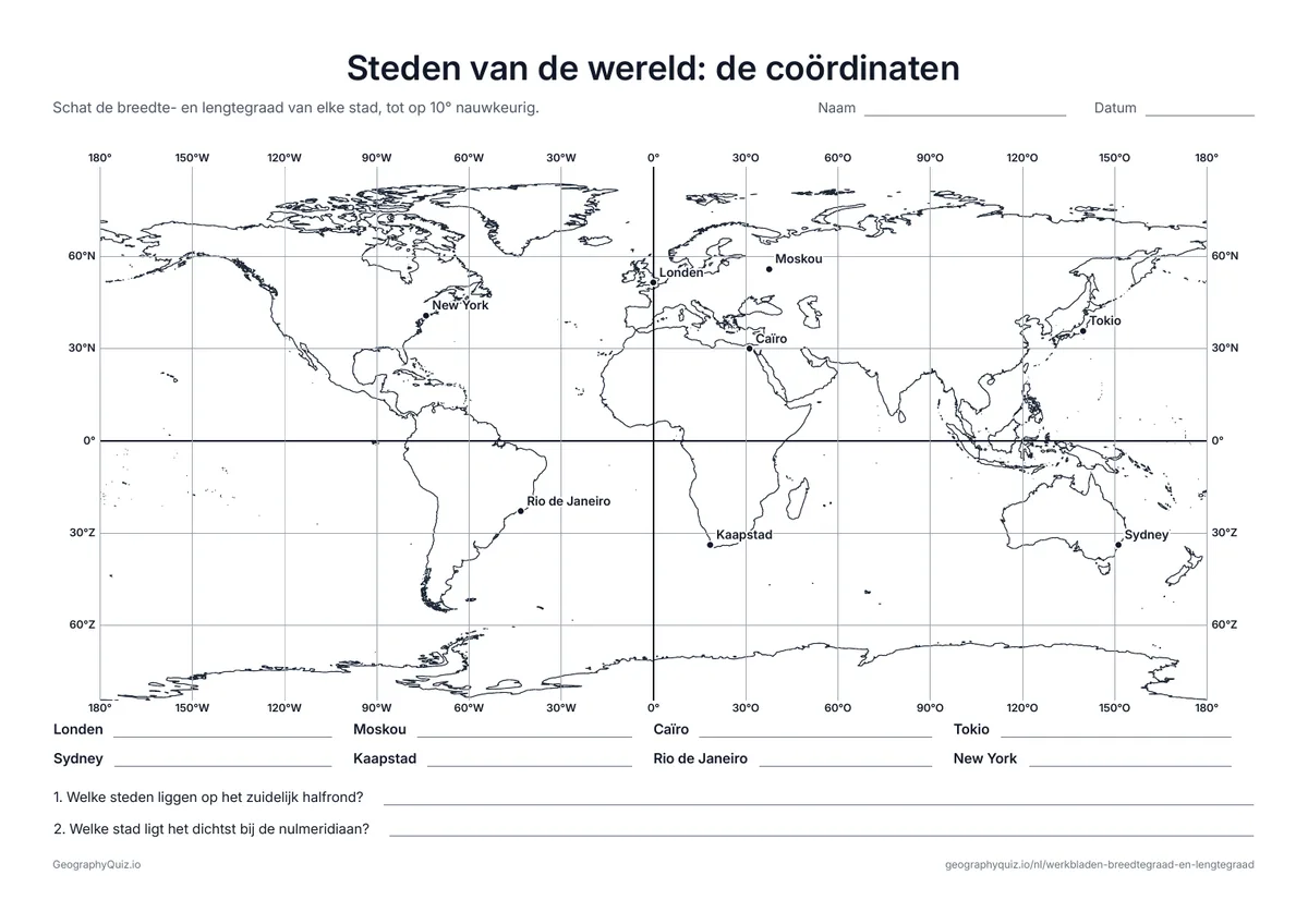 Voorbeeld van het werkblad “Steden van de wereld: de coördinaten”: Acht steden van de wereld in een gradennet van 30°