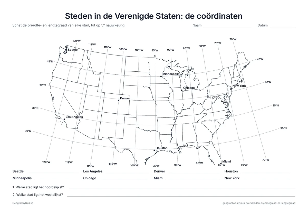 Voorbeeld van het werkblad “Steden in de Verenigde Staten: de coördinaten”: Kaart van de 48 aaneengesloten staten met lijnen om de 5°