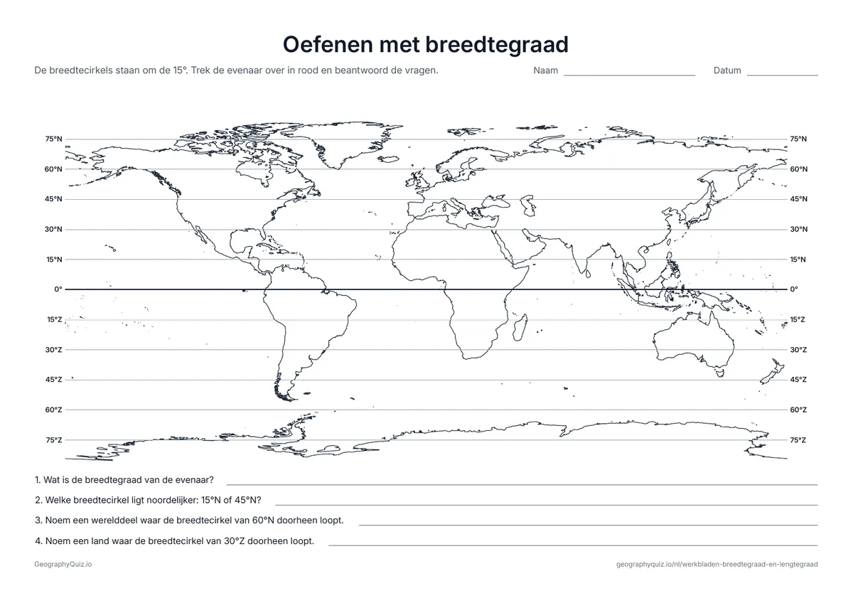 Voorbeeld van het werkblad “Oefenen met breedtegraad”: Wereldkaart met breedtecirkels om de 15°, aan beide uiteinden aangegeven, en vier vragen om ze te leren aflezen