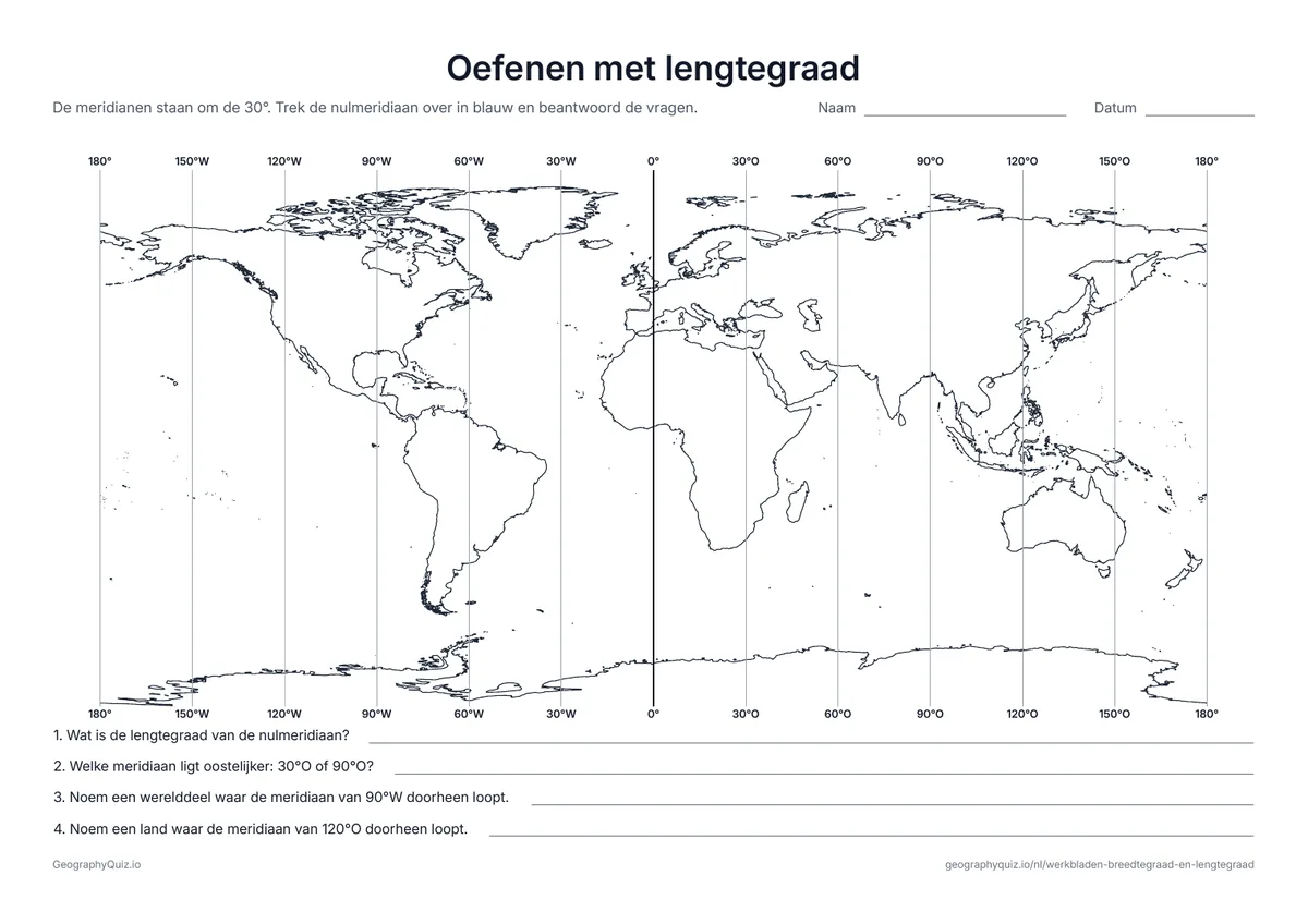 Voorbeeld van het werkblad “Oefenen met lengtegraad”: Wereldkaart met meridianen om de 30°, boven en onder aangegeven, en vier vragen om ze te leren aflezen
