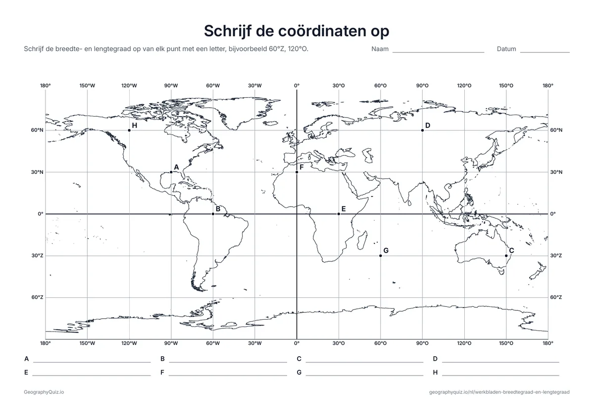 Voorbeeld van het werkblad “Schrijf de coördinaten op”: Acht punten met letters op kruispunten van lijnen