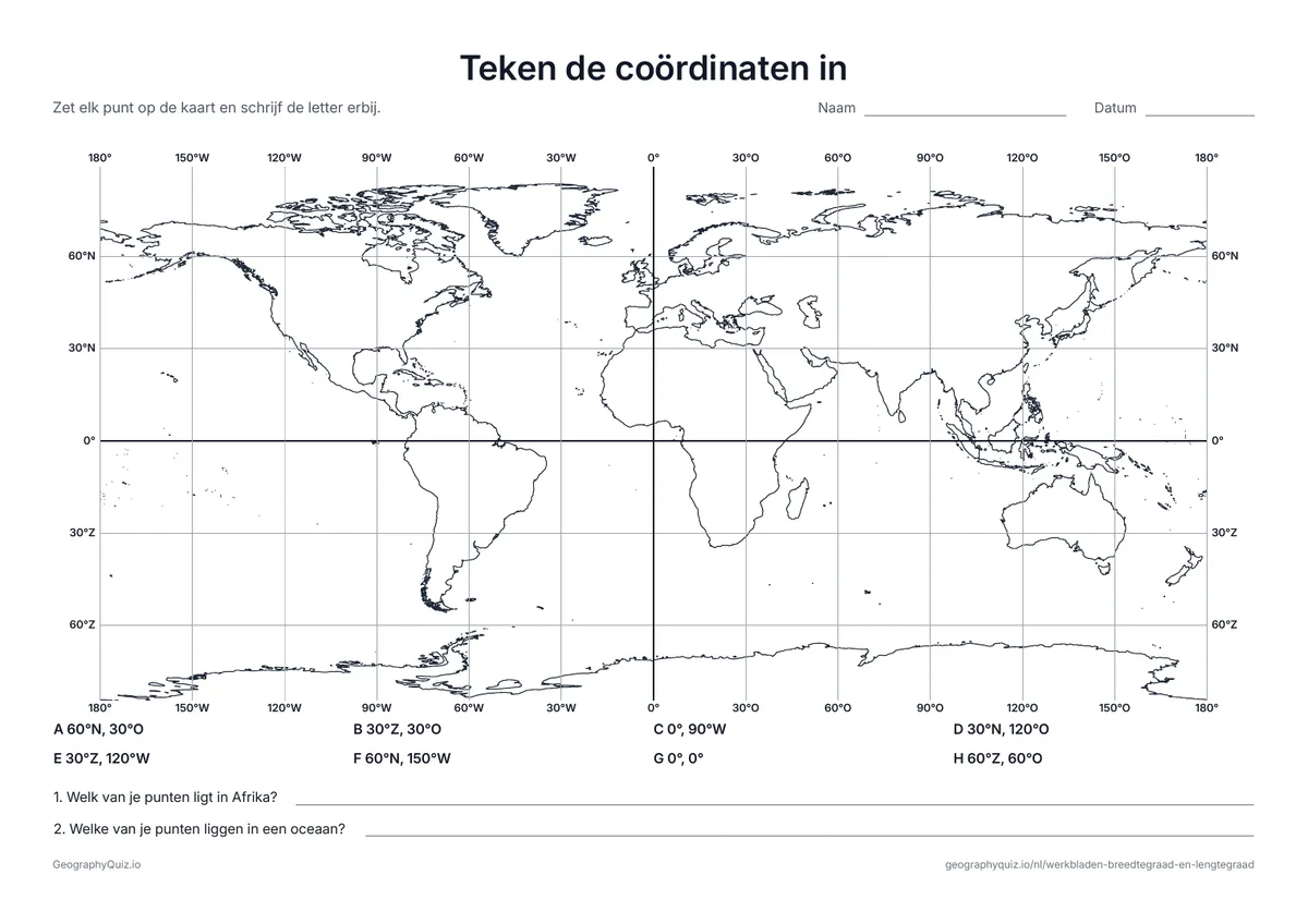 Voorbeeld van het werkblad “Teken de coördinaten in”: Acht paar coördinaten om in het gradennet van de wereldkaart in te tekenen, en twee vragen