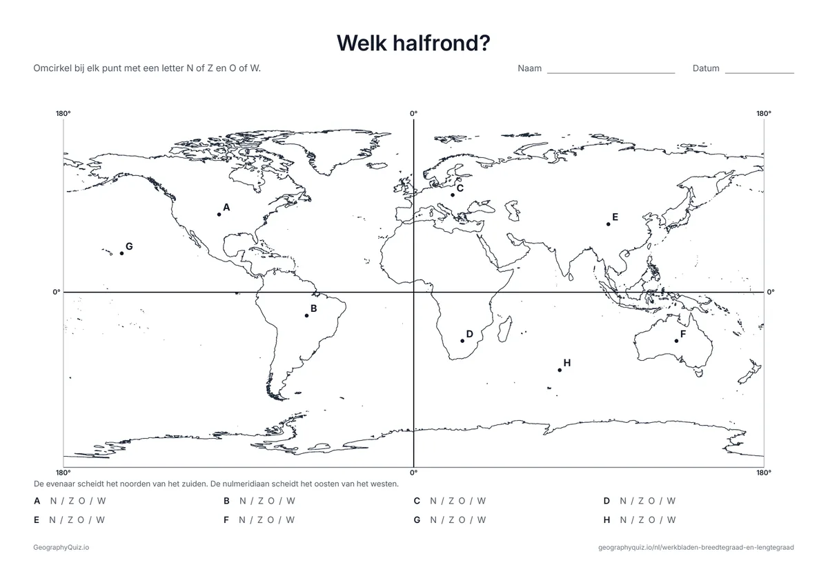 Voorbeeld van het werkblad “Welk halfrond?”: De evenaar en de nulmeridiaan verdelen de kaart in vier delen