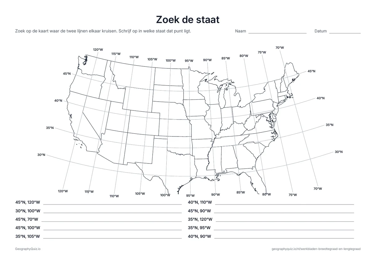 Voorbeeld van het werkblad “Zoek de staat”: Tien paar coördinaten op de kaart van de 48 aaneengesloten staten